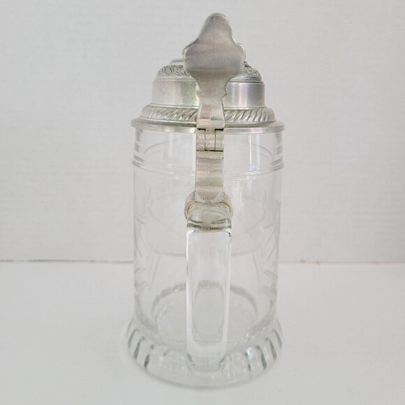 Vintage BFM-N West Germany Etched Crystal Clear Glass Beer Stein Pewter Lid - Picture 4 of 11